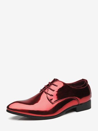 レッド メンズドレスシューズ レースアップ パテントレザー ダービーシューズ ブロックヒール スリッポン ローカット フォーマルシューズ