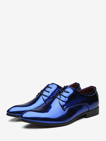 ブルー メンズドレスシューズ レースアップ パテントレザー ダービーシューズ ブロックヒール スリッポン ローカット フォーマルシューズ
