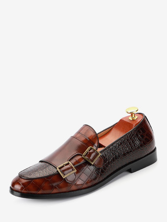 ブラウンメンズローファー スリッポン ローヒール レザー モンクシューズ テクスチャード加工 ロートップ ペニーシューズ