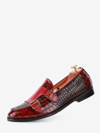 レッド メンズローファー スリッポン ローヒール レザー モンクシューズ テクスチャード加工 ロートップ ペニーシューズ