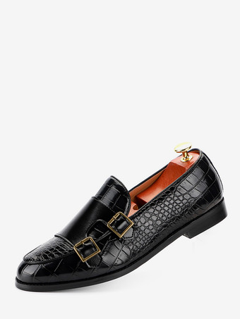 ブラック メンズローファー スリッポン ローヒール レザー モンクシューズ テクスチャード加工 ロートップ ペニーシューズ