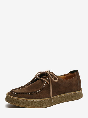 ブラウンメンズ スエードローファー レースアップ スリッポン 2ホール 厚底 ウォーキングシューズ ローカット 軽量 モカシンシューズ