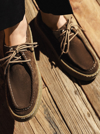 メンズ スエードローファー レースアップ スリッポン 2ホール 厚底 ウォーキングシューズ ローカット 軽量 モカシンシューズ