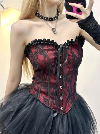 ゴシックロリータツーピーススーツ レースアップチューブトップシャツとメッシュスカート ダークシリーズ コスプレ衣装