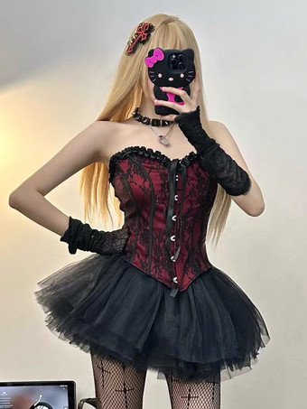 ゴシックロリータツーピーススーツ レースアップチューブトップシャツとメッシュスカート ダークシリーズ コスプレ衣装