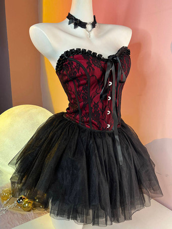 ゴシックロリータツーピーススーツ レースアップチューブトップシャツとメッシュスカート ダークシリーズ コスプレ衣装