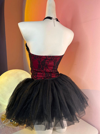 ゴシックロリータツーピーススーツ レースアップチューブトップシャツとメッシュスカート ダークシリーズ コスプレ衣装