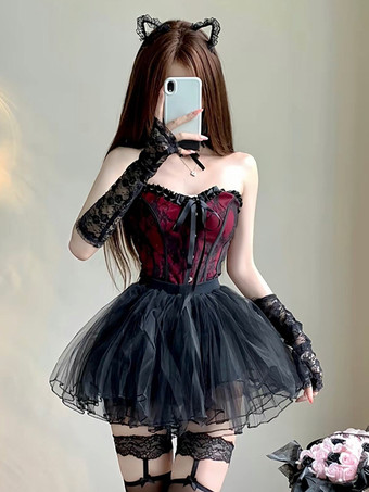 ワインレッド ゴシックロリータツーピーススーツ レースアップチューブトップシャツとメッシュスカート ダークシリーズ コスプレ衣装