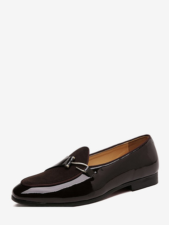 メンズ モンクローファー スリッポン ポインテッドトゥ メタル装飾 フラットシューズ ブロックヒール パテントペニーシューズ