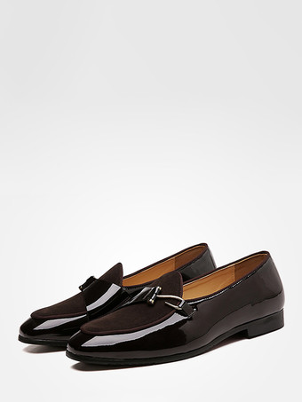 メンズ モンクローファー スリッポン ポインテッドトゥ メタル装飾 フラットシューズ ブロックヒール パテントペニーシューズ