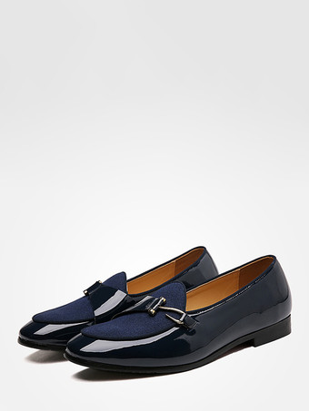 メンズ モンクローファー スリッポン ポインテッドトゥ メタル装飾 フラットシューズ ブロックヒール パテントペニーシューズ