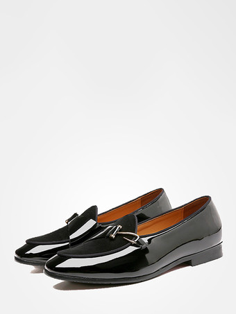 メンズ モンクローファー スリッポン ポインテッドトゥ メタル装飾 フラットシューズ ブロックヒール パテントペニーシューズ