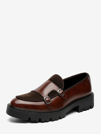 ディープブラウンメンズローファー ダブルモンクストラップ スリップオン ノンスリップ プラットフォーム チャンキーペニーシューズ