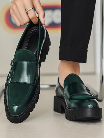 グリーン メンズローファー ダブルモンクストラップ スリップオン ノンスリップ プラットフォーム チャンキーペニーシューズ