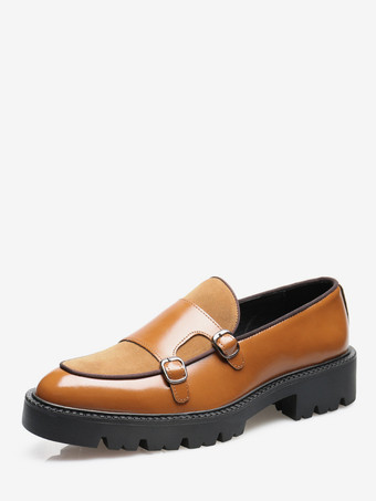 イエローメンズローファー ダブルモンクストラップ スリップオン ノンスリップ プラットフォーム チャンキーペニーシューズ