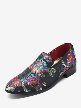 パープル メンズ 刺繍ローファー スリッポン 布 花柄 ポインテッドトゥ ヴィンテージ ブロックヒール ペニーシューズ