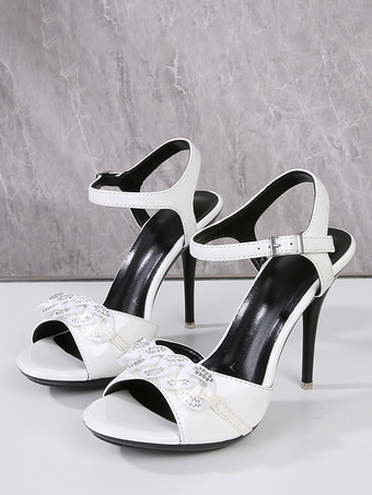 ホワイト ハイヒールサンダル レディース オープントゥ ラインストーン スティレットヒールサンダル