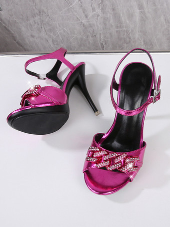 ハイヒールサンダル レディース オープントゥ ラインストーン スティレットヒールサンダル