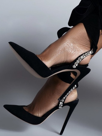 レディース スエードパンプス ポインテッドトゥ ラインストーン レースアップ スリングバックパンプス