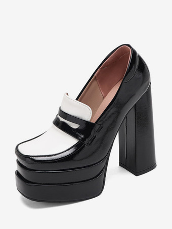 ホワイト レディース ブラック ローファー ハイヒール プラットフォーム スクエアトゥ スリッポン パンプス