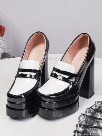 レディース ブラック ローファー ハイヒール プラットフォーム スクエアトゥ スリッポン パンプス