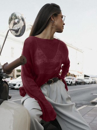 ワインレッド 2025年レディース向けカジュアル長袖ニットトップス