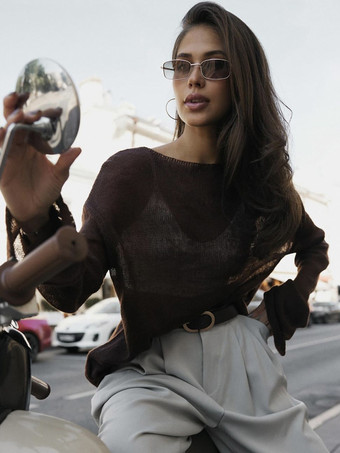 ブラウン2025年レディース向けカジュアル長袖ニットトップス