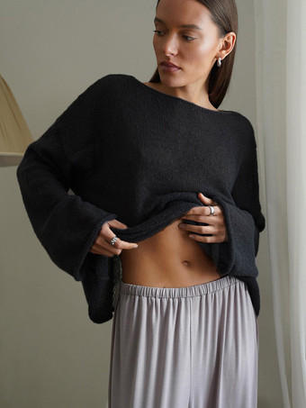 ブラック 2025年レディース向けカジュアル長袖ニットトップス