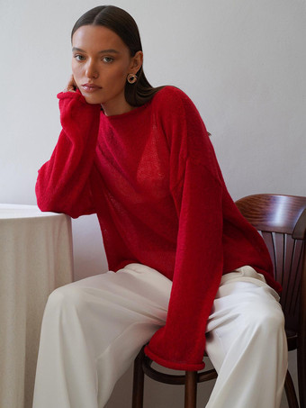 レッド 2025年レディース向けカジュアル長袖ニットトップス