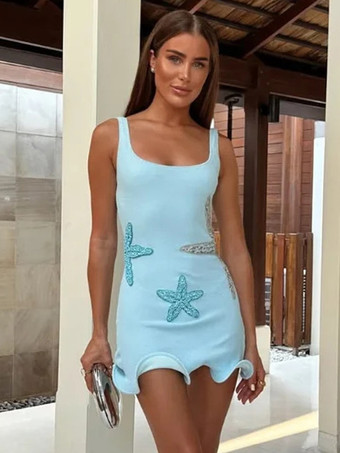 ライトスカイブルー2025年女性用ノースリーブミニドレス（ヒトデのパートナー付き）