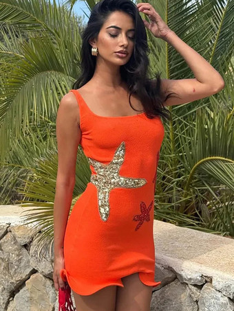 オレンジ2025年女性用ノースリーブミニドレス（ヒトデのパートナー付き）