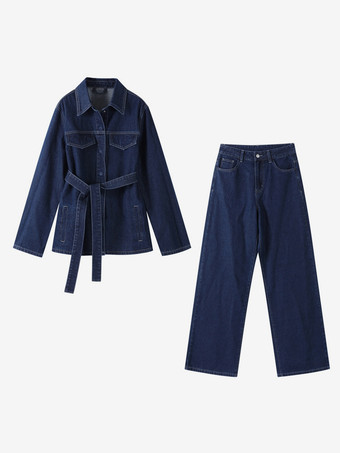 デニムツーピースコーデセット 春コーデ ベルト付きトップスとワイドレッグパンツ レディース 2025