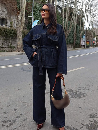 デニムツーピースコーデセット 春コーデ ベルト付きトップスとワイドレッグパンツ レディース 2025