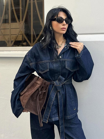 デニムツーピースコーデセット 春コーデ ベルト付きトップスとワイドレッグパンツ レディース 2025