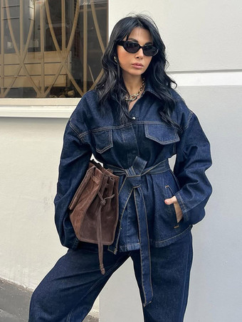 ディープブルーデニムツーピースコーデセット 春コーデ ベルト付きトップスとワイドレッグパンツ レディース 2025
