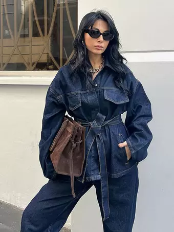 Molilove Set di 2 pezzi gonna in denim giacca da donna giacca con cerniera top gonna elastica in vita con tasche tuta tuta set, Fiore., Medium
