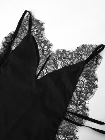 レーストリムVネックマキシ丈スリップドレス（サイドスリット入り）レディース 2025