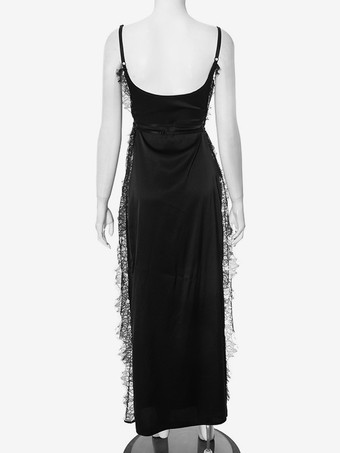 レーストリムVネックマキシ丈スリップドレス（サイドスリット入り）レディース 2025