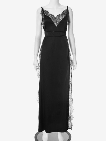 レーストリムVネックマキシ丈スリップドレス（サイドスリット入り）レディース 2025