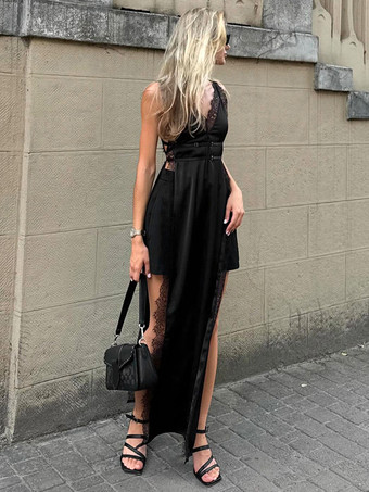 レーストリムVネックマキシ丈スリップドレス（サイドスリット入り）レディース 2025