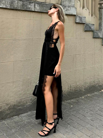 レーストリムVネックマキシ丈スリップドレス（サイドスリット入り）レディース 2025