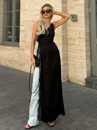 ブラック レーストリムVネックマキシ丈スリップドレス（サイドスリット入り）レディース 2025