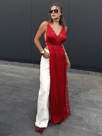 レーストリムVネックマキシ丈スリップドレス（サイドスリット入り）レディース 2025