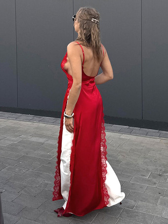 レーストリムVネックマキシ丈スリップドレス（サイドスリット入り）レディース 2025