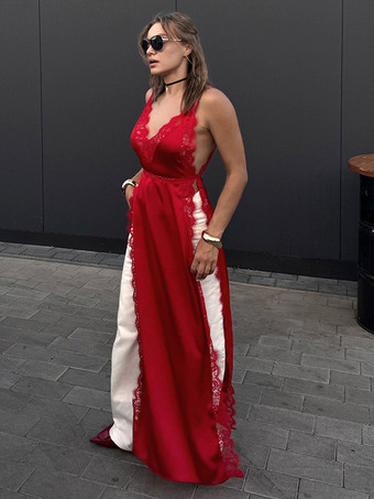 レッド レーストリムVネックマキシ丈スリップドレス（サイドスリット入り）レディース 2025