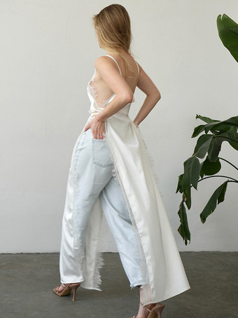 レーストリムVネックマキシ丈スリップドレス（サイドスリット入り）レディース 2025