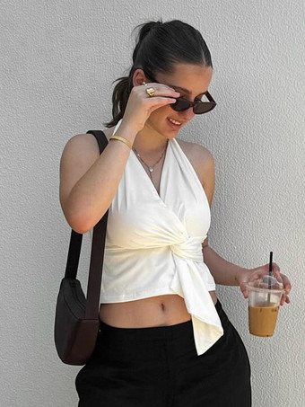 ホルターネック クロスオーバー クロップトップ レディース 2025