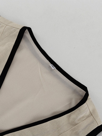 カーキのツーピースコーデセット Vネックベストとワイドレッグパンツ レディース 2025