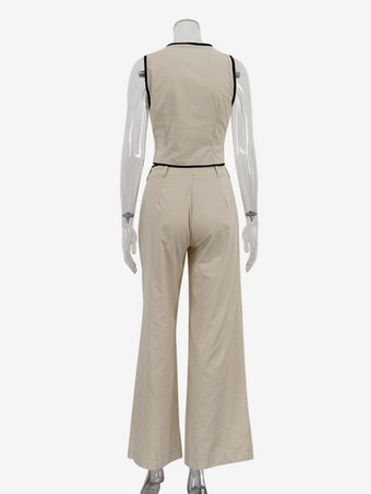 カーキのツーピースコーデセット Vネックベストとワイドレッグパンツ レディース 2025