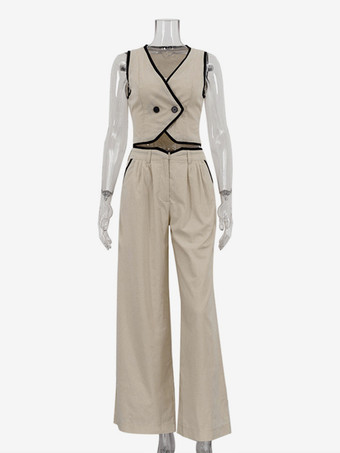 カーキのツーピースコーデセット Vネックベストとワイドレッグパンツ レディース 2025